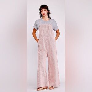 Anthropologie Self Contrast Lanie Overalls in Red and White, Size L